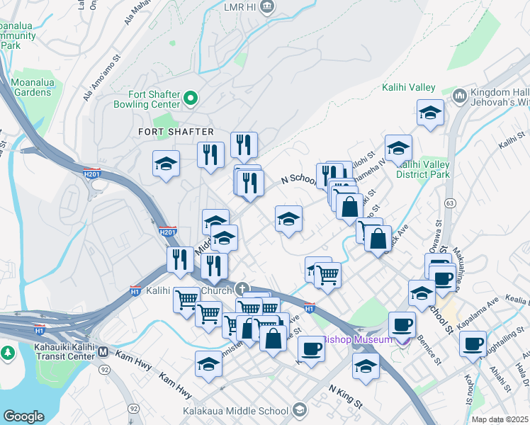 map of restaurants, bars, coffee shops, grocery stores, and more near 2335 Rose Street in Honolulu