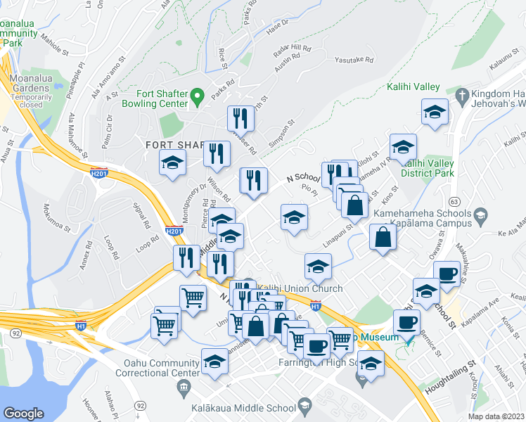 map of restaurants, bars, coffee shops, grocery stores, and more near 2335 Rose Street in Honolulu