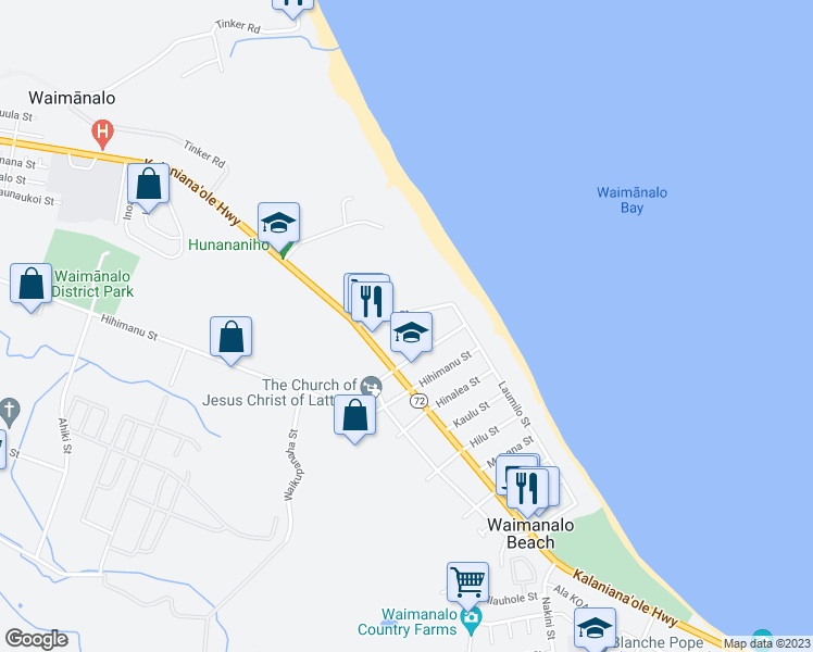 map of restaurants, bars, coffee shops, grocery stores, and more near 41-44 Aloiloi Street in Waimanalo