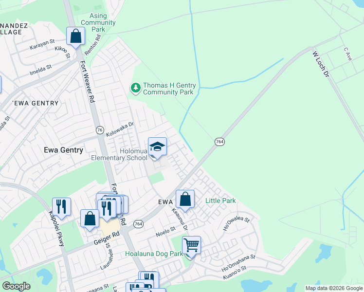 map of restaurants, bars, coffee shops, grocery stores, and more near 91-1034 Laulauna Street in Ewa Beach