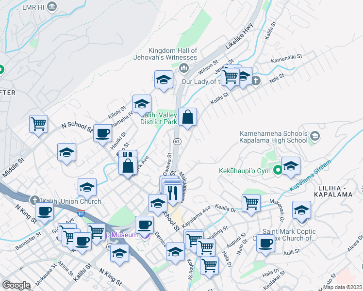 map of restaurants, bars, coffee shops, grocery stores, and more near 1856 Kalihi Street in Honolulu