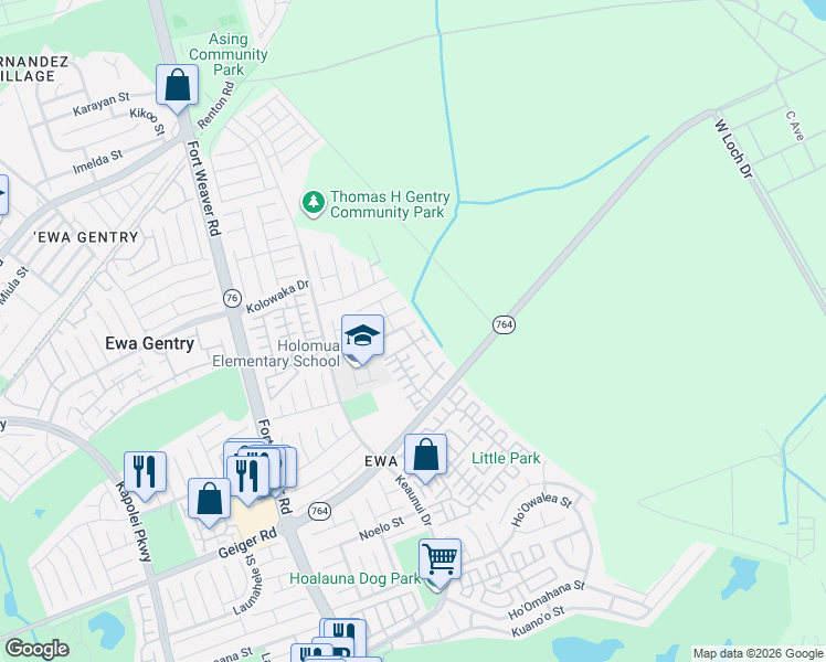 map of restaurants, bars, coffee shops, grocery stores, and more near 91-1034 Laulauna Street in Ewa Beach