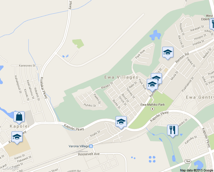 map of restaurants, bars, coffee shops, grocery stores, and more near Malako Street in Ewa Villages