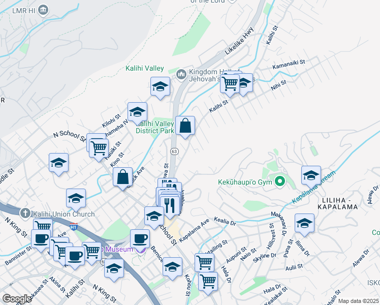 map of restaurants, bars, coffee shops, grocery stores, and more near 1595 Akahi Street in Honolulu