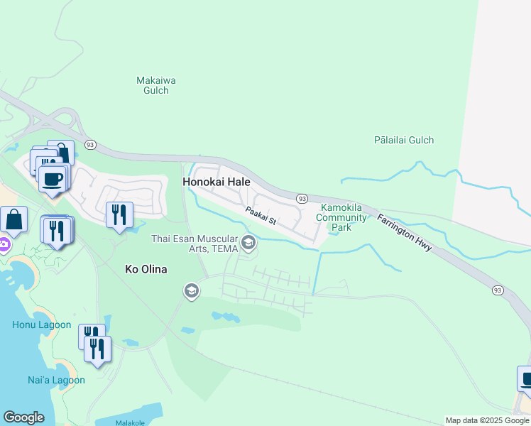 map of restaurants, bars, coffee shops, grocery stores, and more near 92-748 Paakai Street in Kapolei
