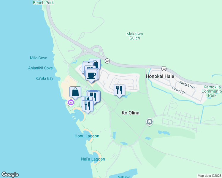 map of restaurants, bars, coffee shops, grocery stores, and more near 92-1019 Koio Drive in Kapolei