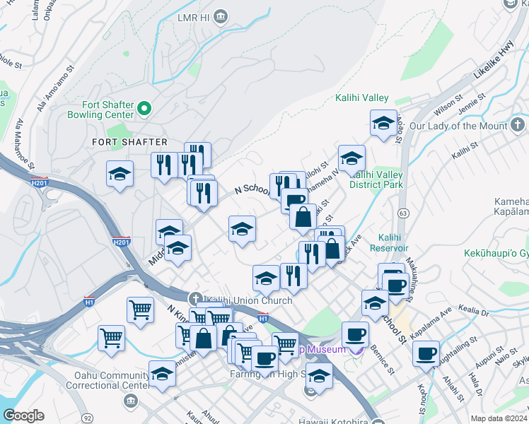 map of restaurants, bars, coffee shops, grocery stores, and more near 2320 Owene Lane in Honolulu