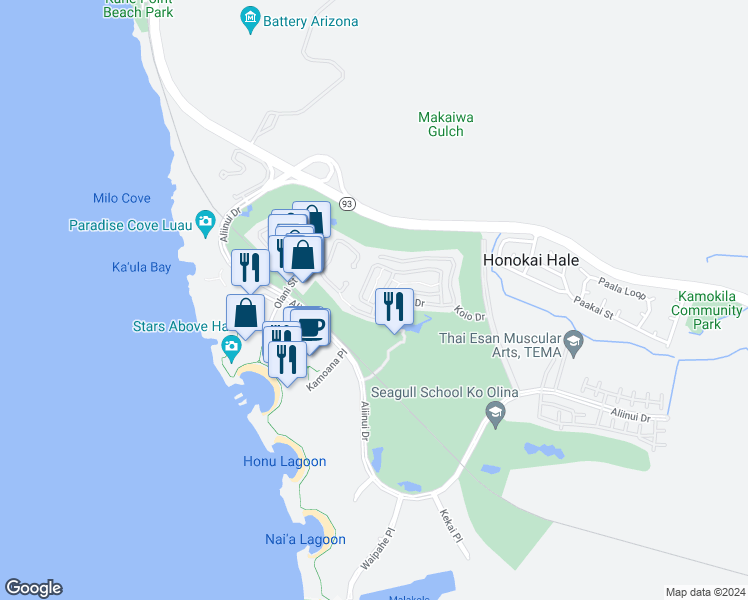 map of restaurants, bars, coffee shops, grocery stores, and more near 92-1035 Koio Drive in Kapolei