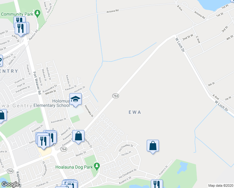 map of restaurants, bars, coffee shops, grocery stores, and more near Iroquois Road in Ewa Beach