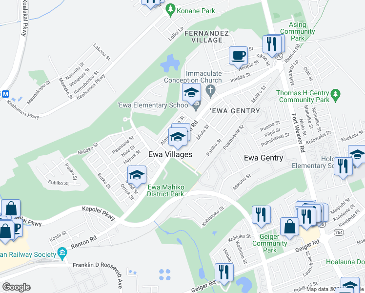 map of restaurants, bars, coffee shops, grocery stores, and more near 91-1219 Renton Road in Ewa Beach