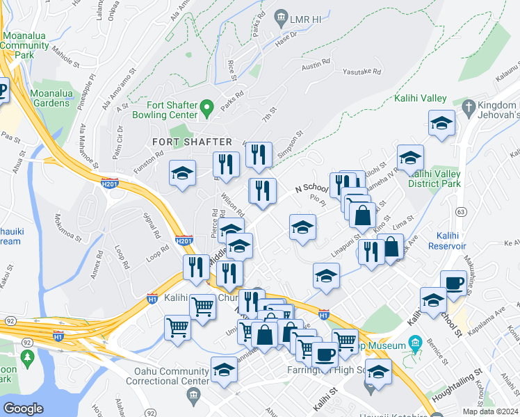 map of restaurants, bars, coffee shops, grocery stores, and more near 1423 Meyers Street in Honolulu