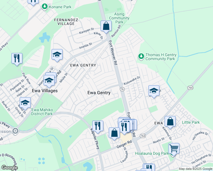 map of restaurants, bars, coffee shops, grocery stores, and more near 91 Pohahawai Place in Ewa Beach