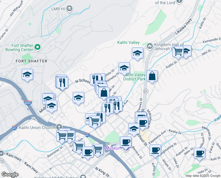map of restaurants, bars, coffee shops, grocery stores, and more near 1645 Kamehameha IV Road in Honolulu