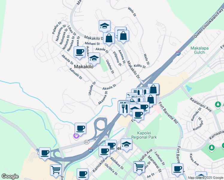 map of restaurants, bars, coffee shops, grocery stores, and more near 92-457 Akaula Street in Kapolei