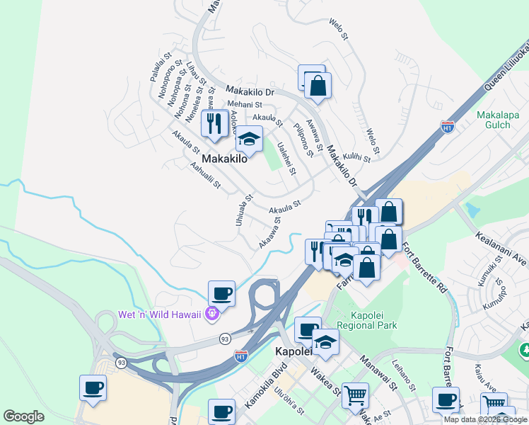 map of restaurants, bars, coffee shops, grocery stores, and more near 92-430 Akaula Street in Kapolei
