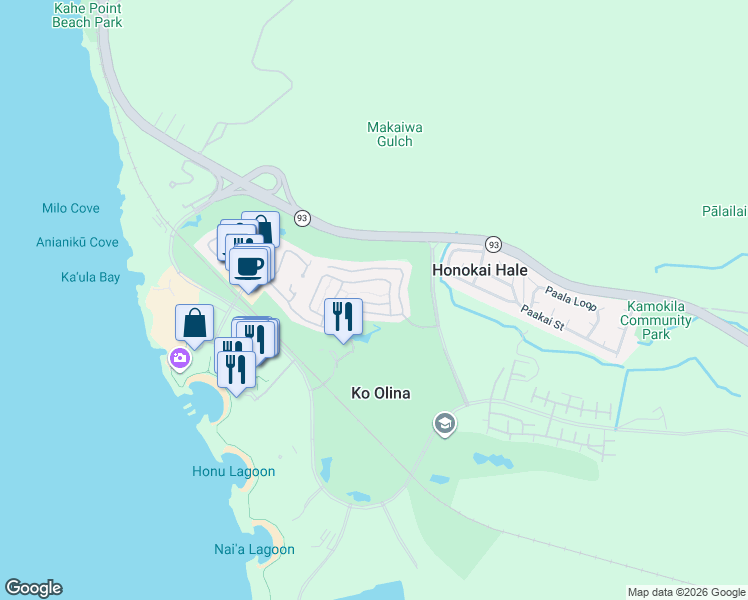 map of restaurants, bars, coffee shops, grocery stores, and more near 92-1093 Koio Drive in Kapolei