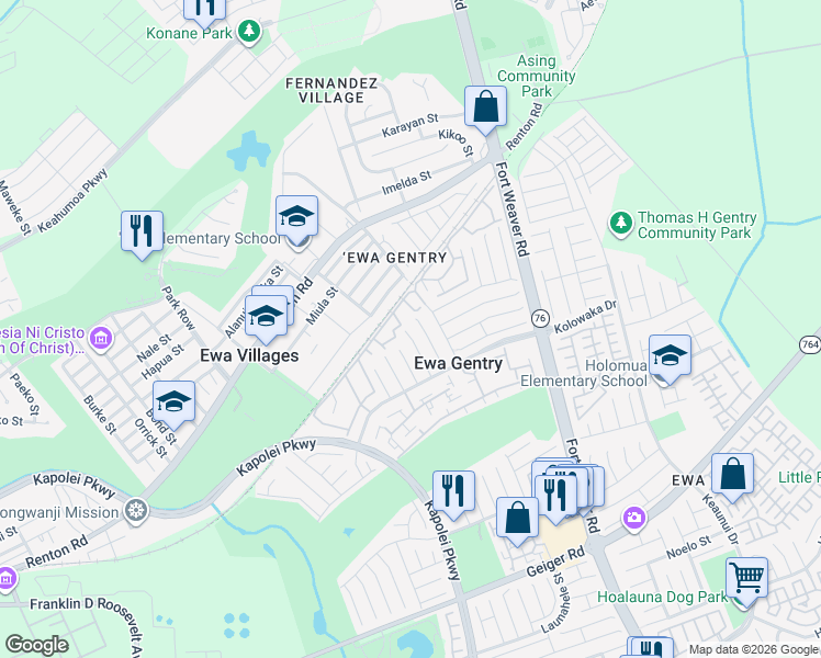 map of restaurants, bars, coffee shops, grocery stores, and more near 91-1134 Koka Street in Ewa Beach