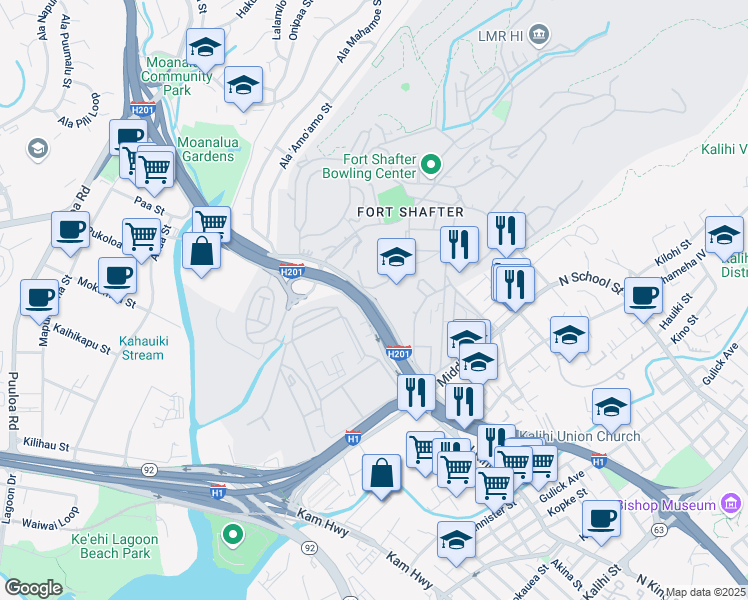 map of restaurants, bars, coffee shops, grocery stores, and more near 2500 Kaua Street in Honolulu