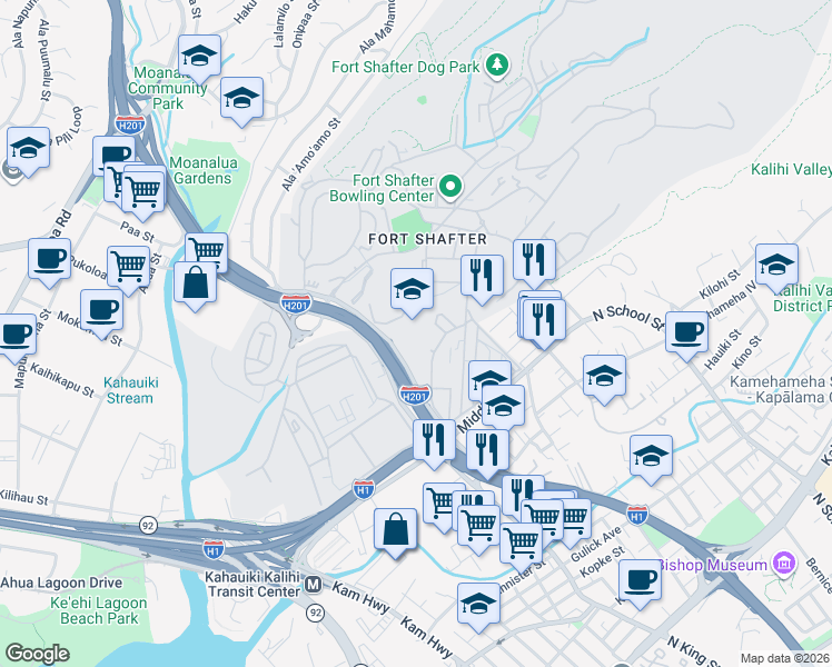 map of restaurants, bars, coffee shops, grocery stores, and more near 2 Fort Shafter in Honolulu