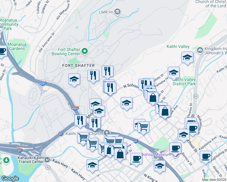 map of restaurants, bars, coffee shops, grocery stores, and more near 1416 Middle Street in Honolulu