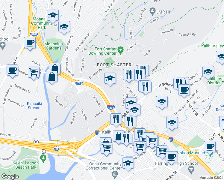 map of restaurants, bars, coffee shops, grocery stores, and more near 2 Fort Shafter in Honolulu