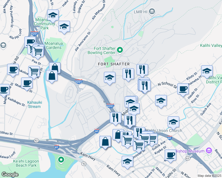map of restaurants, bars, coffee shops, grocery stores, and more near 2500 Kaua Street in Honolulu