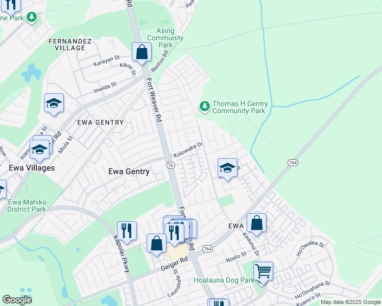 map of restaurants, bars, coffee shops, grocery stores, and more near 91-201 Mikiala Place in Ewa Beach
