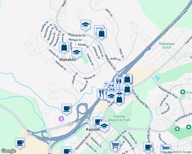 map of restaurants, bars, coffee shops, grocery stores, and more near 92-457 Akaula Street in Kapolei