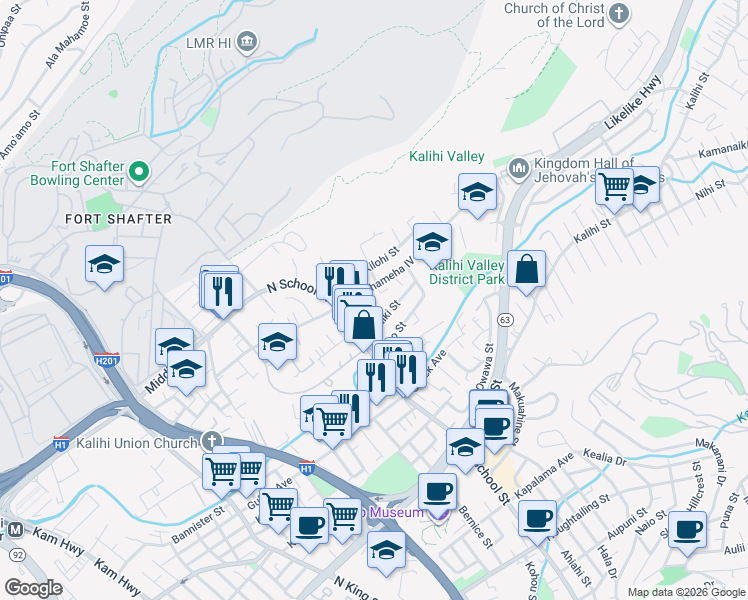 map of restaurants, bars, coffee shops, grocery stores, and more near 1645 Kamehameha IV Road in Honolulu