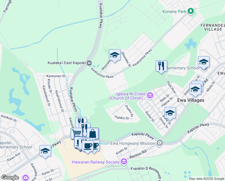 map of restaurants, bars, coffee shops, grocery stores, and more near 91-1159 Keahumoa Parkway in Ewa Beach