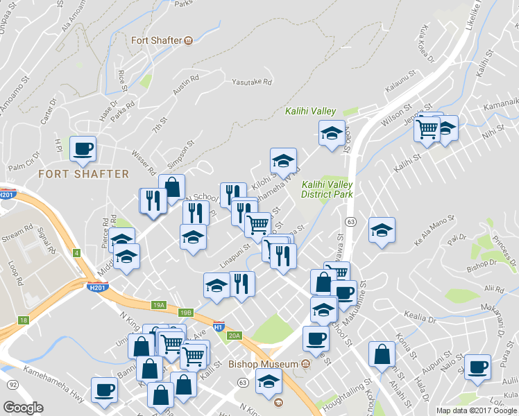 map of restaurants, bars, coffee shops, grocery stores, and more near 1645 Kamehameha IV Road in Honolulu