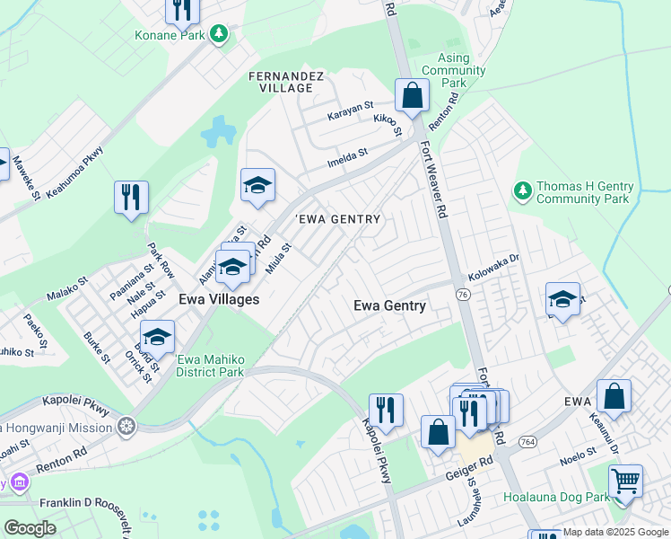 map of restaurants, bars, coffee shops, grocery stores, and more near 91-849 Puamaeole Street in Ewa Beach