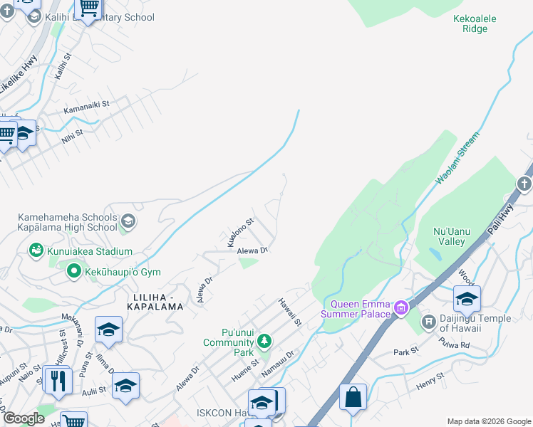 map of restaurants, bars, coffee shops, grocery stores, and more near 2021 Kilakila Drive in Honolulu
