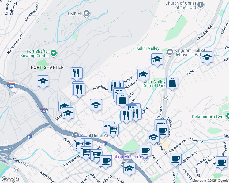 map of restaurants, bars, coffee shops, grocery stores, and more near 2404 North School Street in Honolulu
