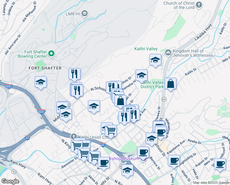 map of restaurants, bars, coffee shops, grocery stores, and more near 2404 North School Street in Honolulu