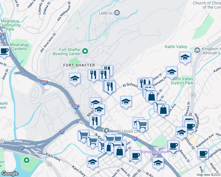 map of restaurants, bars, coffee shops, grocery stores, and more near 1423 Meyers Street in Honolulu