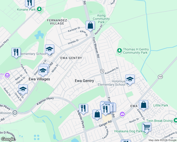 map of restaurants, bars, coffee shops, grocery stores, and more near 91-1069 Piipii Street in Ewa Beach