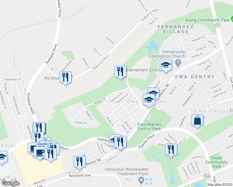 map of restaurants, bars, coffee shops, grocery stores, and more near 91-1747 Tenney Street in Ewa Beach
