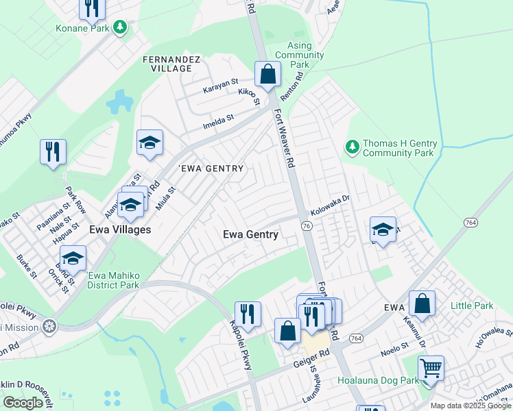 map of restaurants, bars, coffee shops, grocery stores, and more near 91-1069 Piipii Street in Ewa Beach