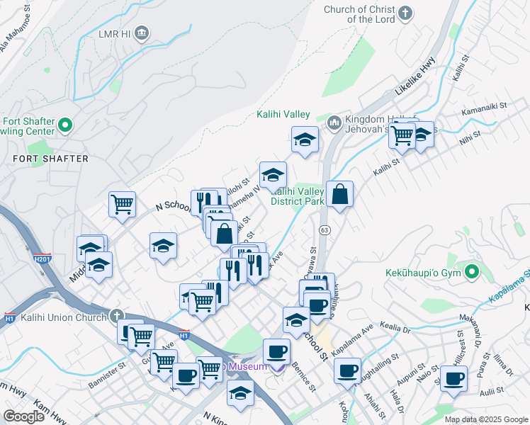 map of restaurants, bars, coffee shops, grocery stores, and more near 1687 Hauiki Street in Honolulu
