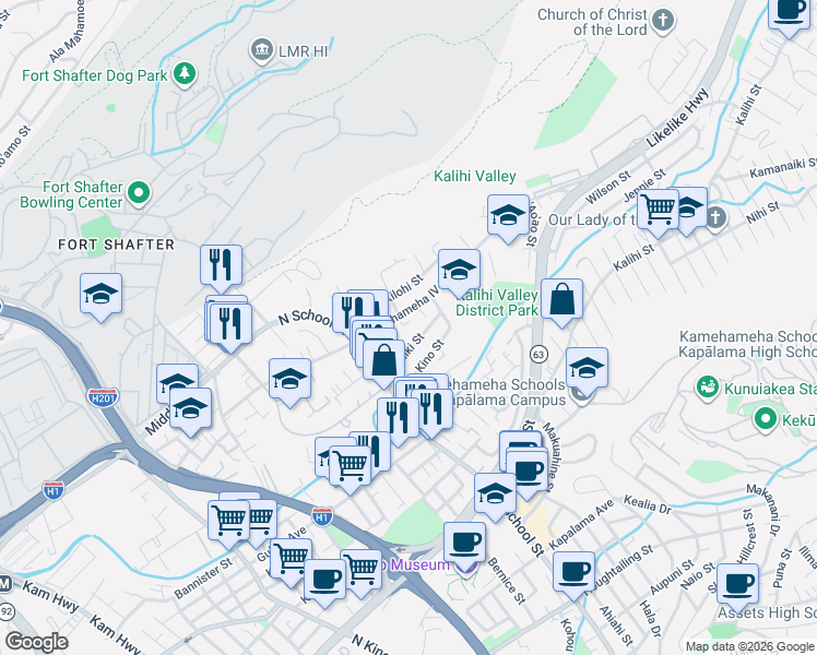 map of restaurants, bars, coffee shops, grocery stores, and more near 1645 Kamehameha IV Road in Honolulu