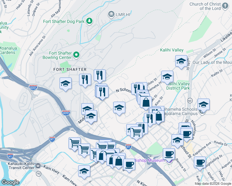 map of restaurants, bars, coffee shops, grocery stores, and more near 2545 N School St in Honolulu