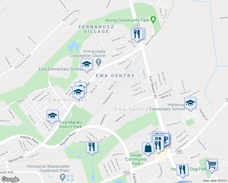 map of restaurants, bars, coffee shops, grocery stores, and more near 911305 Puamaeole Street in Ewa Beach