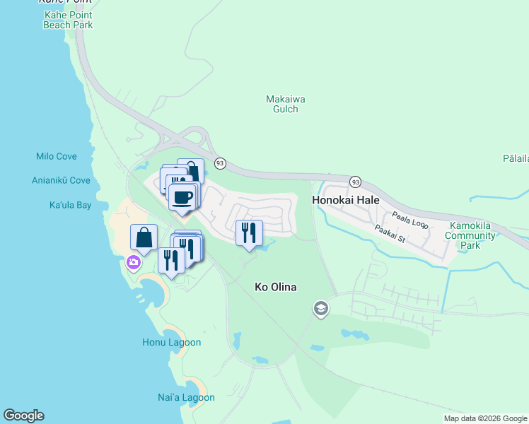 map of restaurants, bars, coffee shops, grocery stores, and more near 92-1093 Koio Drive in Kapolei