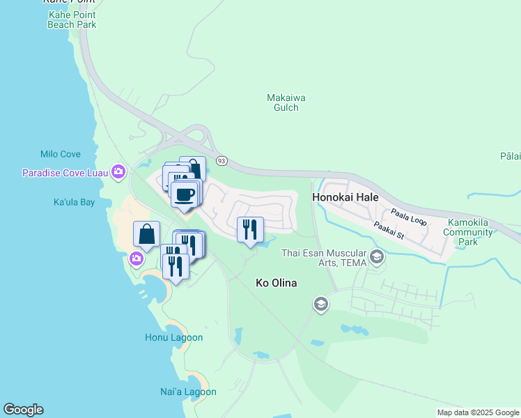 map of restaurants, bars, coffee shops, grocery stores, and more near 92-1055 Koio Drive in Kapolei
