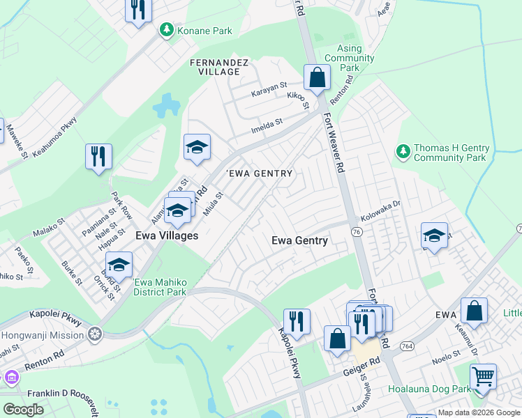 map of restaurants, bars, coffee shops, grocery stores, and more near 91-879 Puamaeole Street in Ewa Beach