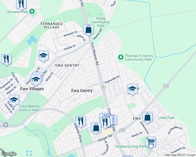 map of restaurants, bars, coffee shops, grocery stores, and more near 91-1217 Pohahawai Street in Ewa Beach