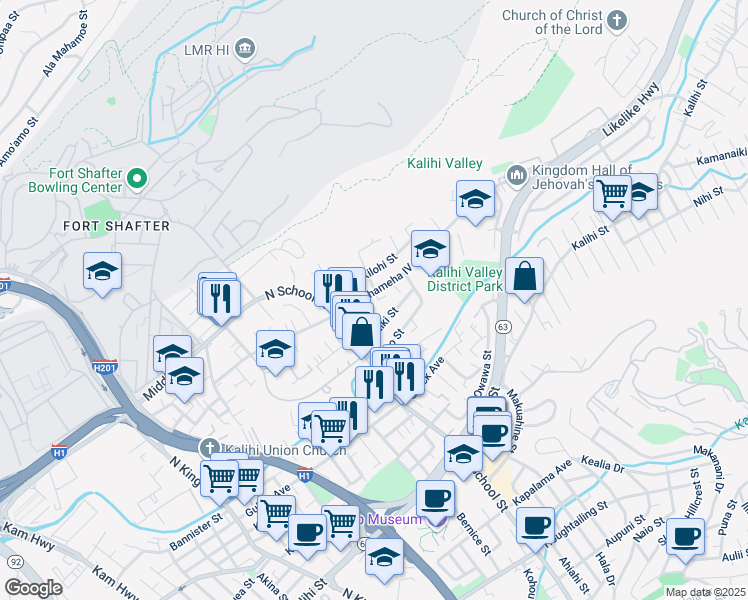 map of restaurants, bars, coffee shops, grocery stores, and more near 1645 Kamehameha IV Road in Honolulu