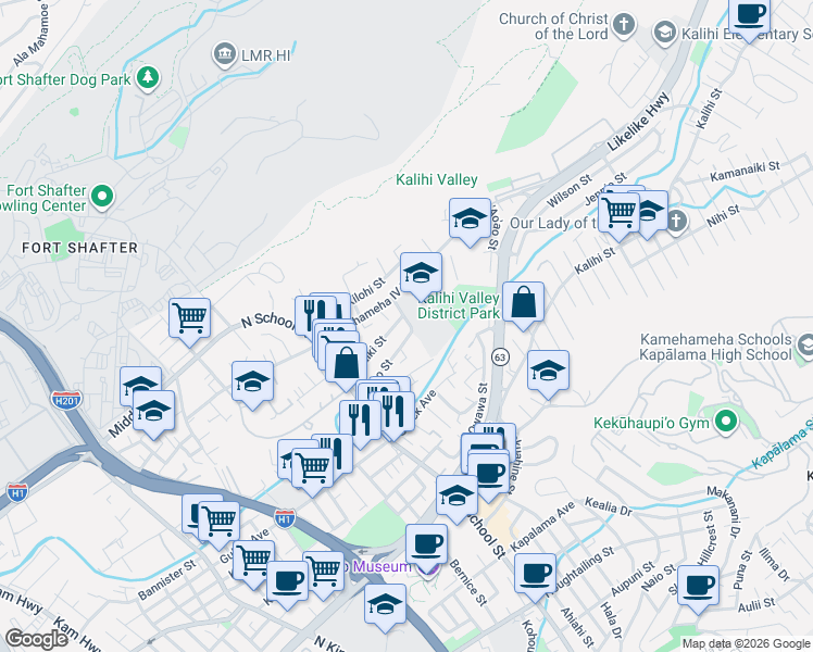 map of restaurants, bars, coffee shops, grocery stores, and more near 1687 Hauiki Street in Honolulu