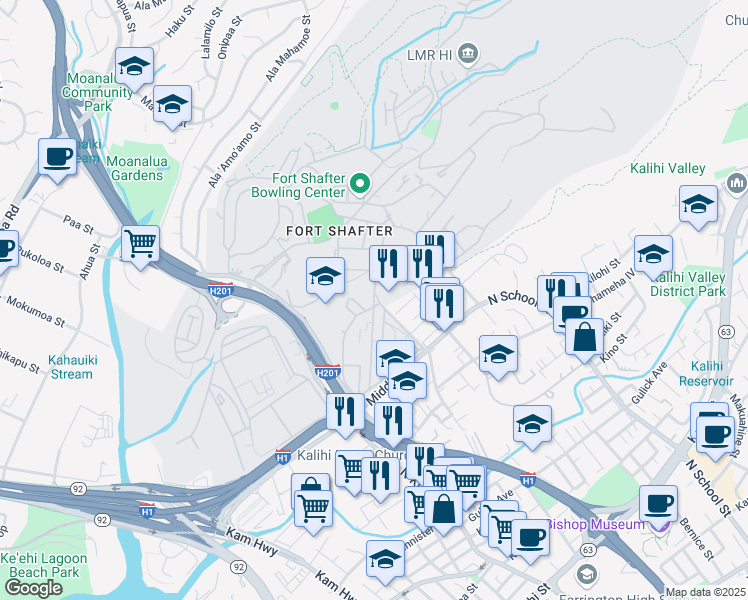 map of restaurants, bars, coffee shops, grocery stores, and more near Pierce Road in Honolulu